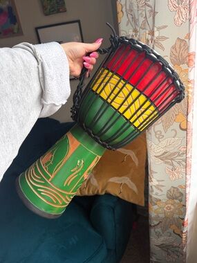 Handcrafted Green, Yellow & Red Decorative Djembe Drum - Wooden